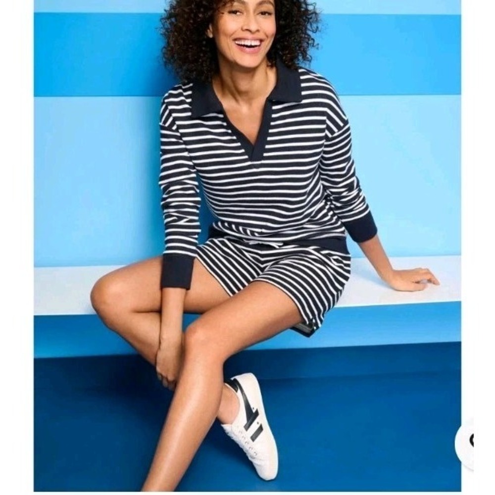 NWT Talbots Plus‎ 2X French Terry Johnny Collar Athleisure Stripe Nautical Beach